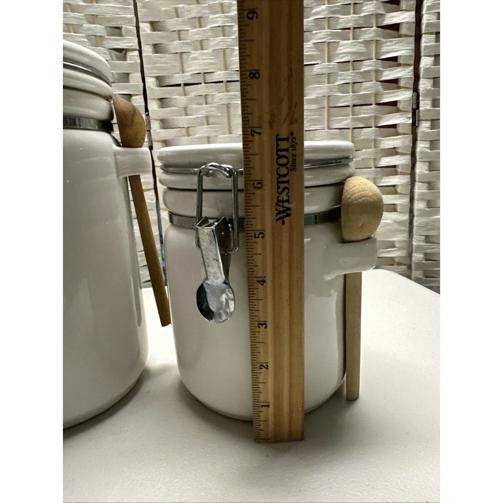 China 3 piece Canister Set W/ Wooden Spoons White Locking Lids